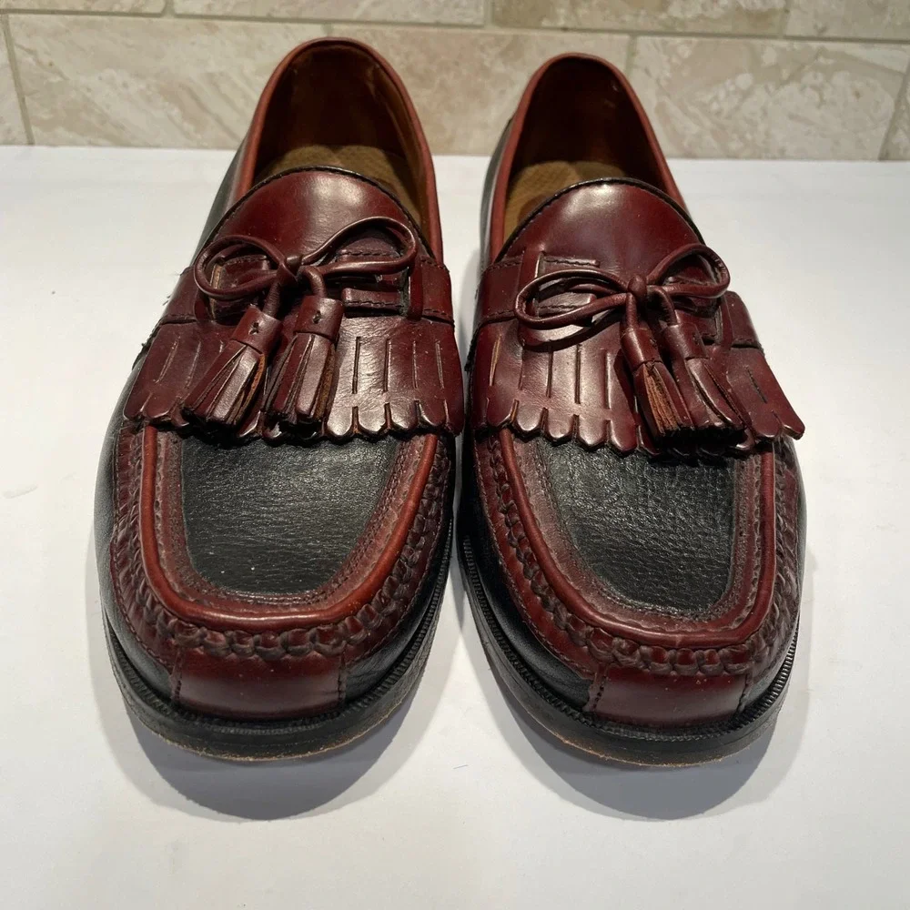 Johnston & Murphy Mens Kiltie Tassel Loafers 9M Black Burgundy Leather‎ 20-0592